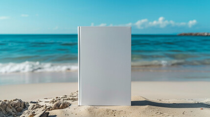 Wall Mural - White ad book cover mock up stand on the beach and sea background.