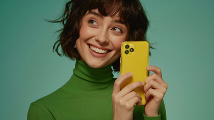 Wall Mural - joyful woman with a bright smile, holding a yellow smartphone in her hands.