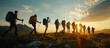 Group tourists of hiker sporty people walks in mountains at sunset with backpacks. Concept adventure 