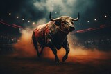 Intense bull charging at matador in vibrant bullfighting arena with energetic spectators