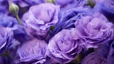 Close-up macro shot showcases violet eustoma flowers, highlighting their delicate beauty.
