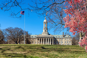 The campus of Penn State University with spring flowers in sunny day, State College, Pennsylvania.