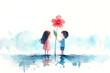 Boy giving flower to girl. Friendship. Watercolor. Greetings card
