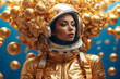 A fashion woman in a golden astronaut suit. Ideal for avant garde fashion, space exploration, and futuristic design concepts.