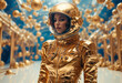 A fashion woman in a golden astronaut suit. Ideal for avant garde fashion, space exploration, and futuristic design concepts.