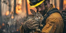International Firefighters Day, A Male Firefighter Holding A Wild Hare In His Hands, Close-up, Forest Fires, Rescue Of Wild Animals, The Concept Of Dangerous And Risky Professions