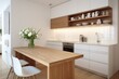 © Lazylizard - Small, bright, contemporary kitchen with white cabinets and wooden accents bathed in natural sunlight