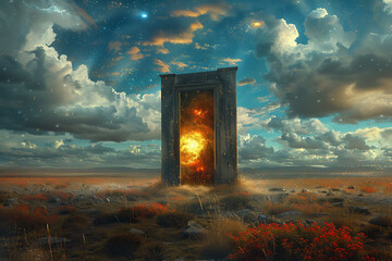 Poster - an open door beyond which is another world, freedom or opportunity.
