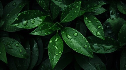 Canvas Print - Healthy plant foliage, featuring serrated leaves adorned with raindrops, creates a dark green, low-key background or banner.