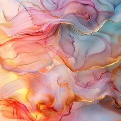 Wall Mural - luxury abstract fluid art created using the alcohol ink technique. A tender and dreamy wallpaper featuring transparent waves and golden swirls, ideal for posters.