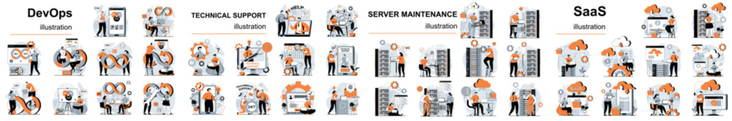 Fototapete - Mega set flat design concept DevOps, SaaS, technical support, server maintenance with people character situations. Bundle of different scenes. Collection vector illustrations.