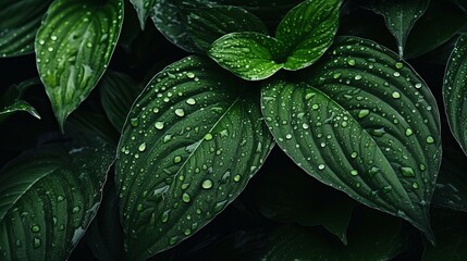 Canvas Print - Healthy plant foliage, featuring serrated leaves adorned with raindrops, creates a dark green, low-key background or banner.