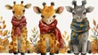 three giraffes wearing scarves and scarves are standing in front of a field of tall grass.