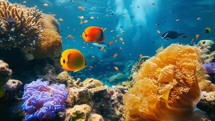 artificial intelligence image of a coral reef, with beautiful colors and even more beautiful wildlife and fish