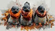 three birds with scarves and scarves on their heads are standing in front of a splash of orange leaves.