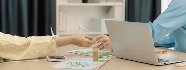 Wall Mural - Skilled businessman collaborates with architect using green design to build eco-friendly house at meeting table with wooden block, environmental document and wind mill. Closeup. Delineation.