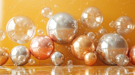 a group of shiny balls floating on top of a yellow floor next to a wall with water droplets on it.