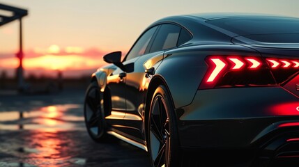 Rear view of a luxury car parked by the sea