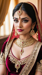 Wall Mural - Maroon Majesty: Stunning Portrait of an Indian Bride in Rich Maroon Lehenga and Exquisite Jewelry, Generative AI.