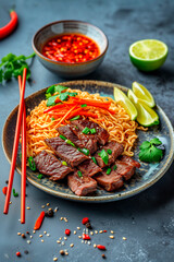 Poster - Udon noodles with beef meat, vegetables, onions and sesame seeds. Asian food, vegetables in bowl.