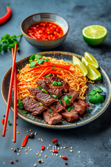 Wall Mural - Udon noodles with beef meat, vegetables, onions and sesame seeds. Asian food, vegetables in bowl.