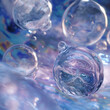 This image showcases transparent water bubbles floating in a surreal, colorful, liquid environment, reflecting light and surrounding colors