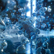 
This image depicts a dynamic scene of water and air bubbles in a cool, blue environment, showcasing motion and fluidity