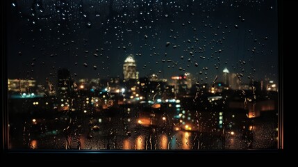 Wall Mural - The night cityscape forms a backdrop as rain wets the window, creating a moody atmosphere.