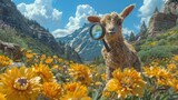 a goat looking through a magnifying glass in a field of wildflowers with mountains in the background.