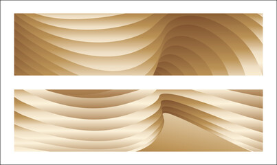 Wavy golden parallel gradient lines, ribbons, silk. Golden with shades of yellow background, banner, poster. Set of 2 backgrounds. Eps vector