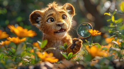 Wall Mural - a lion cub looking through a magnifying glass in a field of flowers with a magnifying glass in it's mouth.