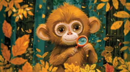 Wall Mural - a painting of a monkey holding a magnifying glass in front of a forest filled with yellow and orange leaves.