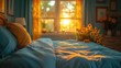 a bed with a blue comforter and a vase of sunflowers in front of a window with yellow curtains.
