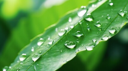 Wall Mural - Transparent rainwater forms large, beautiful drops on green leaves, highlighted by the morning sun, creating a natural texture.