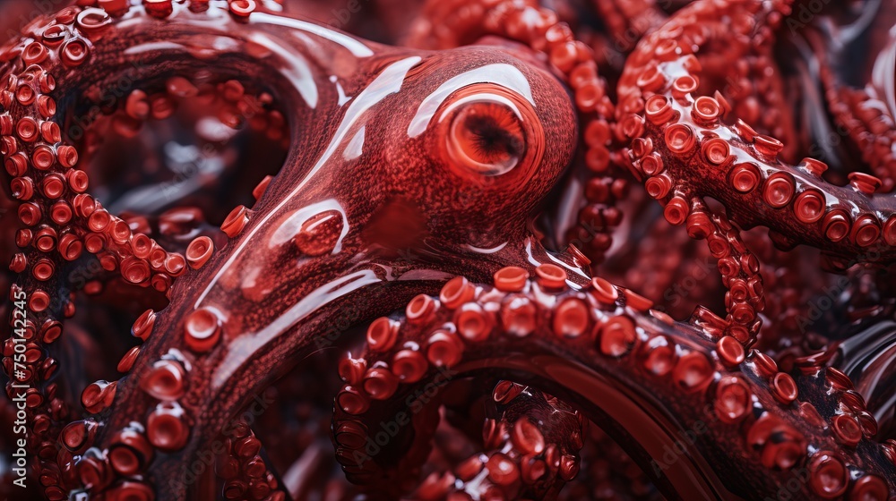 Vibrant details of octopus tentacles with suckers submerged in vivid ...