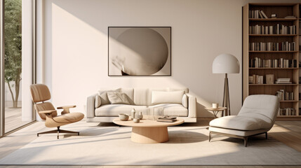 Wall Mural - A modern living room with a minimalist decor and a neutral palette, including a grey armchair and a white coffee table