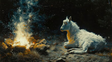 A Painting Of A White Horse Sitting On The Ground Next To A Fire Pit With Rocks And Grass Around It.