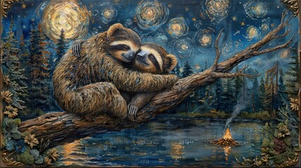 Wall Mural - a painting of a raccoon sitting on a tree branch with a starry night sky in the background.