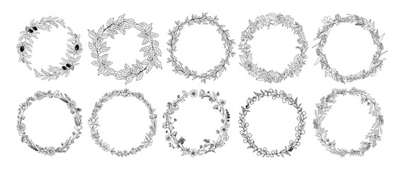 Wall Mural - Set of Hand drawn botanical wreath line art vector illustrations on transparent background. Circle frames with leaves and flowers in black ink sketch style. Elegant decorative design element. 