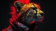 a close up of a cheetah wearing a leather jacket with a red light coming out of its face.