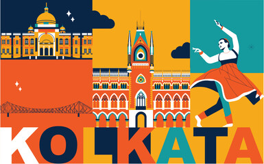 Wall Mural - Kolkata culture travel set, famous architectures and specialties in flat design. Business travel and tourism concept clipart. Image for presentation, banner, website, advert, flyer, roadmap, icons