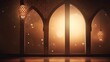 A Ramadan Kareem backdrop features a mosque window adorned with a shining crescent moon.