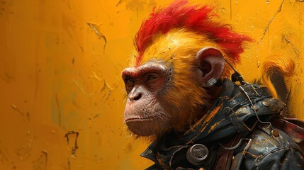 Wall Mural - a monkey wearing a leather jacket with a mohawk on it's head and a red mohawk on its head.