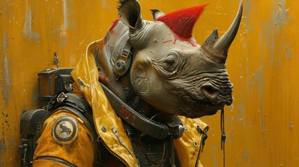 Wall Mural - a close up of a statue of a rhino wearing a yellow leather jacket and a red mohawk on it's head.