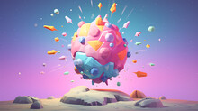 Cartoon Meteorite Of Pink And Blue, Fragments Flying In All Directions, Impacting Barren Landscape