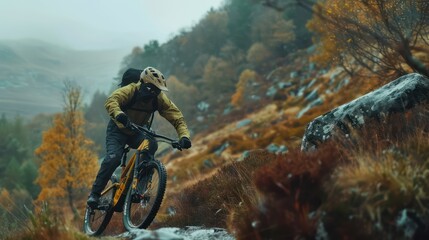 A mountain biker in action riding down a hill