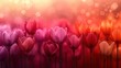 a group of pink and red tulips with water droplets on them in front of a blurry background.