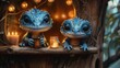 a couple of little blue lizards sitting on top of a wooden shelf next to a jar filled with a candle.