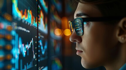 A programmer at work in front of a burning monitor. A male trader at work on a computer. Operational data analysis. Design for banner, flyer, poster, cover or brochure.
