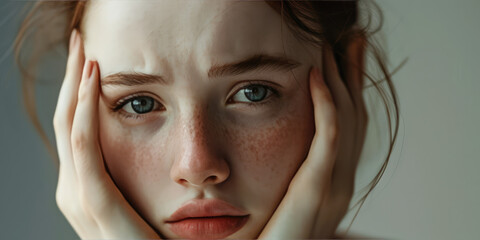 Wall Mural - Young pale woman with a Headache. Close-up of a sad girl with anemia, weakness, dizziness, conveying a sense of headache or anxiety.